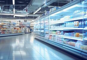 ai generatief wazig boodschappen doen schappen in supermarkten en afdeling winkels realistisch beeld ultra hd hoog ontwerp foto