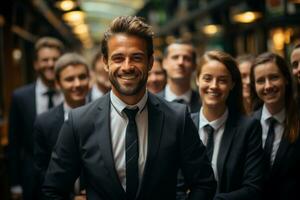 ai generatief groep van gelukkig bedrijf Mens en bedrijf Dames, gekleed in pakken zijn lachend, in de kantoor foto