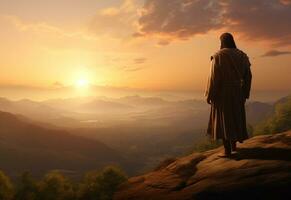 ai generatief Jezus Christus in de heuvels Bij zonsondergang in bouta realistisch afbeelding, ultra hd, hoog ontwerp heel gedetailleerd 8k foto