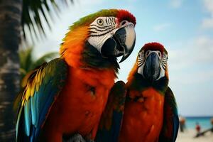 gevederde duo twee opvallend ara papegaaien vind een baars Aan de man's arm ai gegenereerd foto