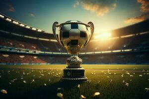 de grootsheid van de voetbal stadion ingekapseld in de gouden winnaars kop ai gegenereerd foto