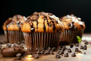 voldoen uw onbedwingbare trek met een heerlijk, chocola bezaaid muffin meesterwerk ai gegenereerd foto