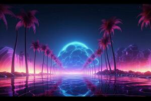 synthwave droomlandschap wireframe netto, palm bomen, en opnieuw magnetron weg, 3d illustratie ai gegenereerd foto