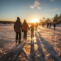 groep van mensen ijs het schaatsen Aan bevroren meer foto