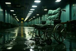 vrijgekomen rolstoel rust in afdeling, een embleem van potentieel geduldig beweging ai gegenereerd foto