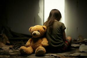 een leeg kamer houdt een weinig meisje en haar gekoesterd teddy beer ai gegenereerd foto