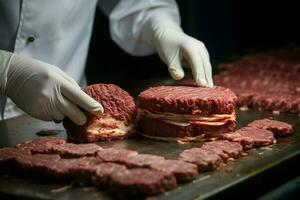 de kunst van slagerij ontvouwt zich net zo geschoold handen werkwijze smaakvol Hamburger pasteitjes ai gegenereerd foto