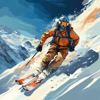 Mens skiën naar beneden besneeuwd berg foto