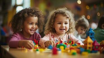 opgewonden kinderen spelen met speelgoed in klas foto