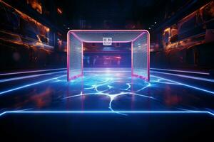 neon ijs showdown een gloeiend baan highlights de intensiteit van hockeyen doel ai gegenereerd foto