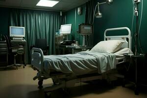 een onbezet ziekenhuis kamer bevat een eenzaam bed, verstoken van menselijk aanwezigheid. ai gegenereerd foto
