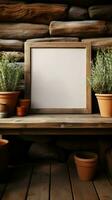 rustiek tafel met blanco hout teken en ingemaakt fabriek boerderij charme verticaal mobiel behang ai gegenereerd foto