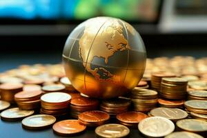 dichtbij omhoog wereld mini bal, munten, en houten tafel symboliseren globaal financiën ai gegenereerd foto