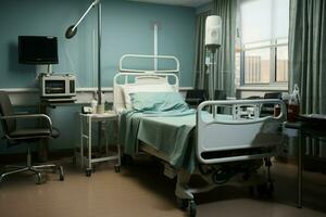 eenzaam bed vult vrijgekomen ziekenhuis kamer, onaangeroerd door ieder aanwezigheid of werkzaamheid. ai gegenereerd foto