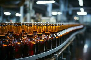 Ondiep dof onthult nauwkeurig bier fles arrangement Aan transportband, benadrukkend fabricage uitmuntendheid ai gegenereerd foto