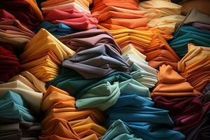 stapels van kleurrijk textiel creëren een betoverend achtergrond in op te slaan ai gegenereerd foto