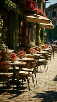 genieten van de zomer Bij een Italiaans geïnspireerd buitenshuis cafe met flair verticaal mobiel behang ai gegenereerd foto