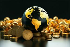 een zwart en goud wereldbol omringd door een stack van goud munten ai gegenereerd foto