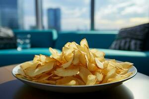 krokant chips Aan een koffie tafel in een hedendaags, onbewoond, blauw getinte leven kamer ai gegenereerd foto