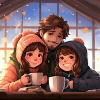 gelukkig familie drinken heet chocola in winter foto