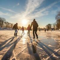 groep van mensen ijs het schaatsen Aan bevroren meer foto
