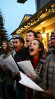 vrolijk groep kerstliederen in de buurt foto