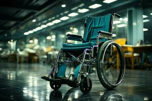 onbezet rolstoel staat in een afdeling, een symbool van in afwachting zorg ai gegenereerd foto