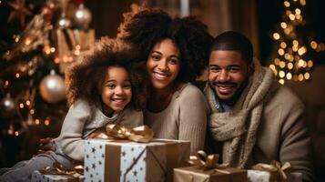 blij familie met Kerstmis presenteert en decoraties foto