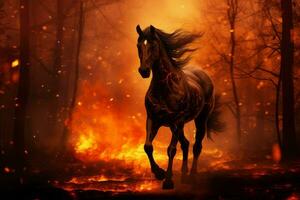 ongetemd brand paard in nacht Woud. mist fantasie nacht foto