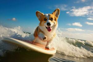 kleurrijk corgi surfplank. genereren ai foto