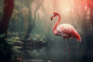mystiek flamingo dromerig Woud. genereren ai foto