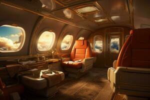 luxueus eerste klasse vliegtuig zitten Jet. genereren ai foto