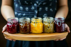 in detailopname, vrouw wordt weergegeven houten bord, versierd met geassorteerd fruit jam glas potten ai gegenereerd foto