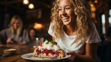 vrouw portie een plak van taart foto