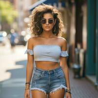 vrouw in gewoontjes denim shorts en Bijsnijden top foto