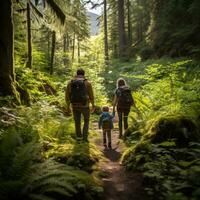 familie wandelen door weelderig Woud foto