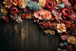 bloemen overvloed bloei en label met tekst Aan rustiek houten backdrop ai gegenereerd foto
