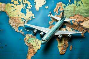 de vliegtuig positie Aan een kaart, reeks tegen een getextureerde blauw houten achtergrond ai gegenereerd foto