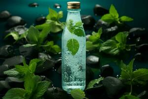 ijzig water fles versierd met munt bladeren, glinsterend van condensatie en druppels ai gegenereerd foto