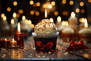 feestelijk koekje, levendig kaarsen, verpakt geschenk uitstralend verjaardag juichen met vlammen ai gegenereerd foto