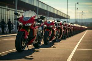 voorkant en centrum rij van motorfietsen met honda staat klaar in aandacht ai gegenereerd foto