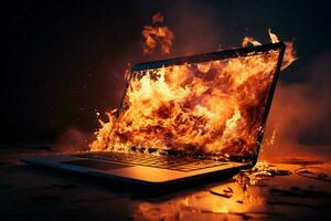 inferno overspoelt een laptop, woest vlammen verslinden haar een keer digitaal wereld ai gegenereerd foto