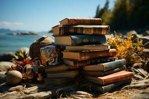 zomer lezing Aan de kust, boeken stapel, en toneel- kust- pracht ai gegenereerd foto