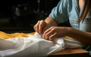 een naaister handen kunstzinnig steek katoen kleding stof met een handleiding naaien naald- ai gegenereerd foto
