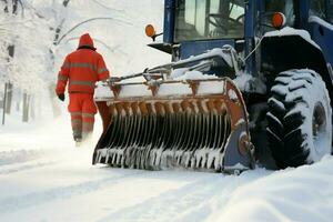 sneeuw verwijdering specialist machine efficiënt reinigt en wist wegen voor glad reizen. ai gegenereerd foto