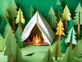 camping tent met tent in de Woud. papier besnoeiing foto