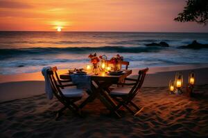 een betoverend strand dining ervaring net zo de instelling zon baadt liefde in warm tinten ai gegenereerd foto