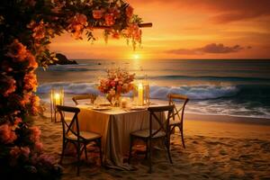 badend in warm zonsondergang tinten, een elegant strand dining ervaring straalt uit liefde en ontspanning ai gegenereerd foto