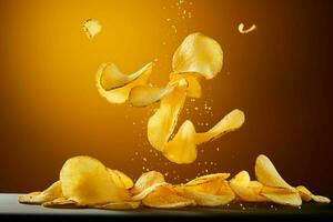 dynamisch transformatie aardappel chips vlotter in de lucht, geel achtergrond, vastleggen hun creatie werkwijze ai gegenereerd foto