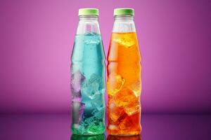 een kenmerkend plastic Frisdrank of mineraal fles, met onregelmatig vorm geven aan, tegen een kleurrijk studio achtergrond ai gegenereerd foto
